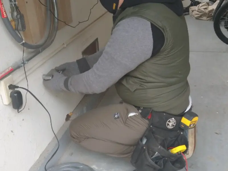 Electrician performing outlet wiring in a North Versailles garage